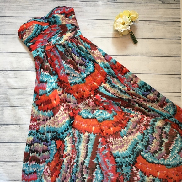 Strapless Sweetheart Feather Print High-Low Gown-6 - Picture 5 of 8